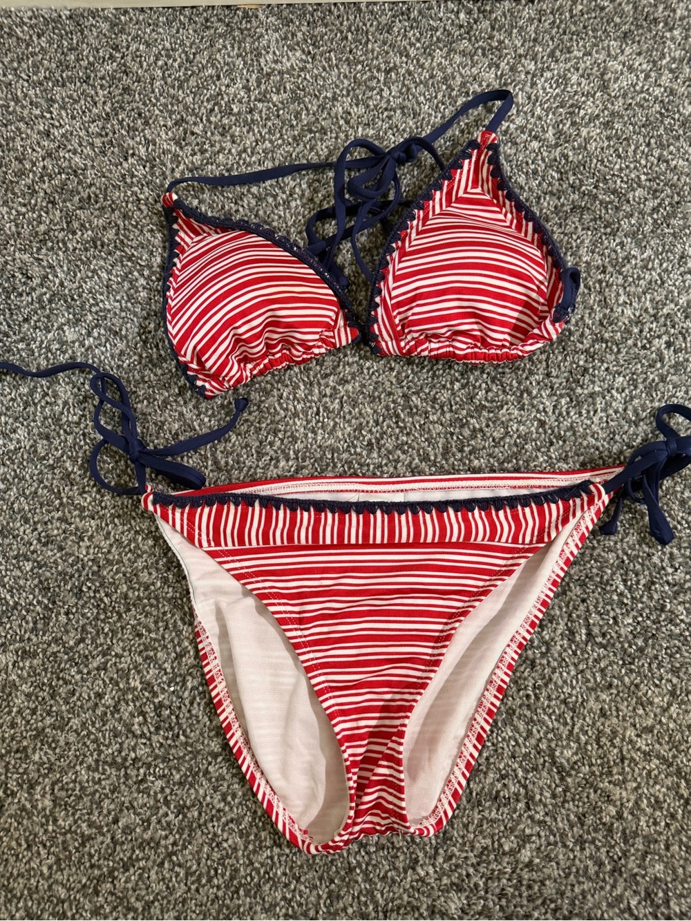 Moschino Red and White Striped Bikini with Navy Trim